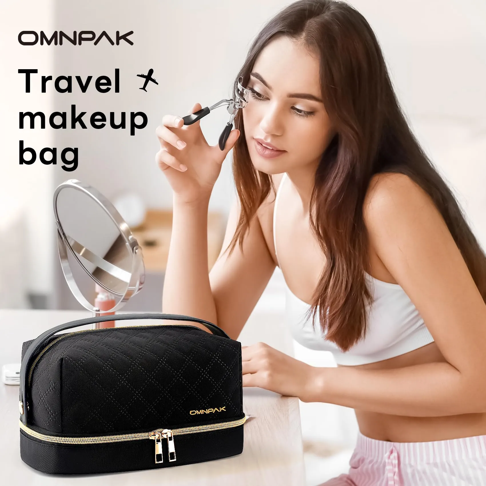 Omnpak Travel Makeup Bag,Cosmetic Bag Make Up Organizer,Double Layer Cosmetic Bag with Makeup Brush Organizer Portable Makeup Bag for Women Makeup Travel Essentials