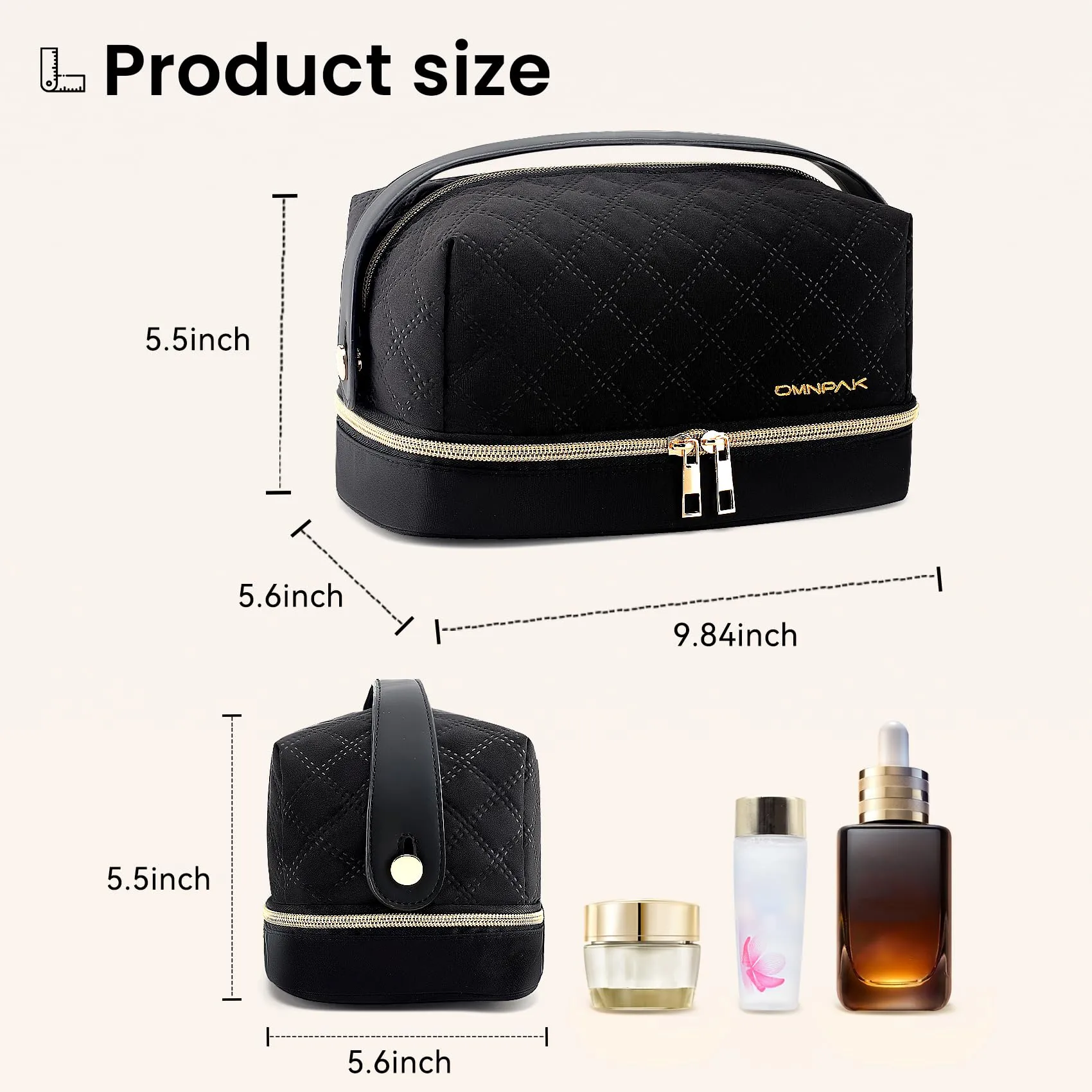 Omnpak Travel Makeup Bag,Cosmetic Bag Make Up Organizer,Double Layer Cosmetic Bag with Makeup Brush Organizer Portable Makeup Bag for Women Makeup Travel Essentials