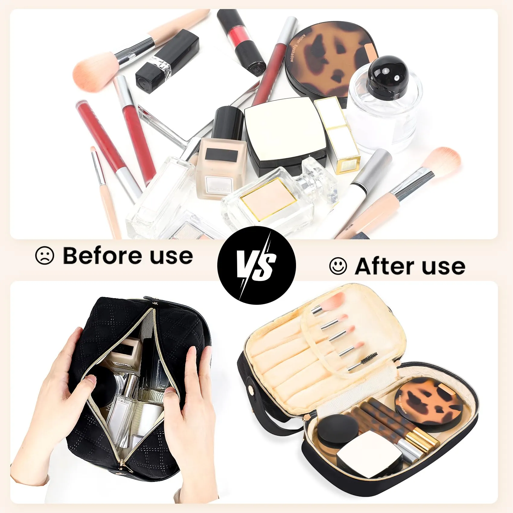 Omnpak Travel Makeup Bag,Cosmetic Bag Make Up Organizer,Double Layer Cosmetic Bag with Makeup Brush Organizer Portable Makeup Bag for Women Makeup Travel Essentials