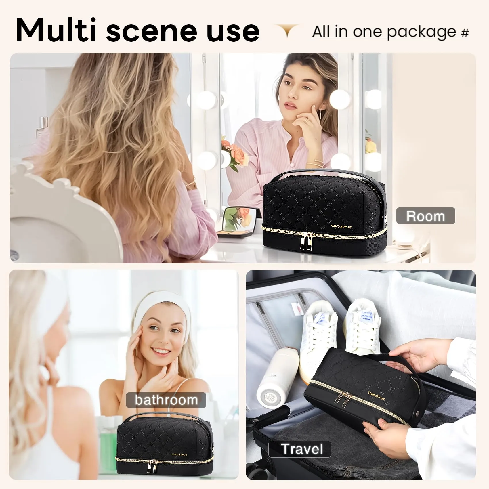 Omnpak Travel Makeup Bag,Cosmetic Bag Make Up Organizer,Double Layer Cosmetic Bag with Makeup Brush Organizer Portable Makeup Bag for Women Makeup Travel Essentials