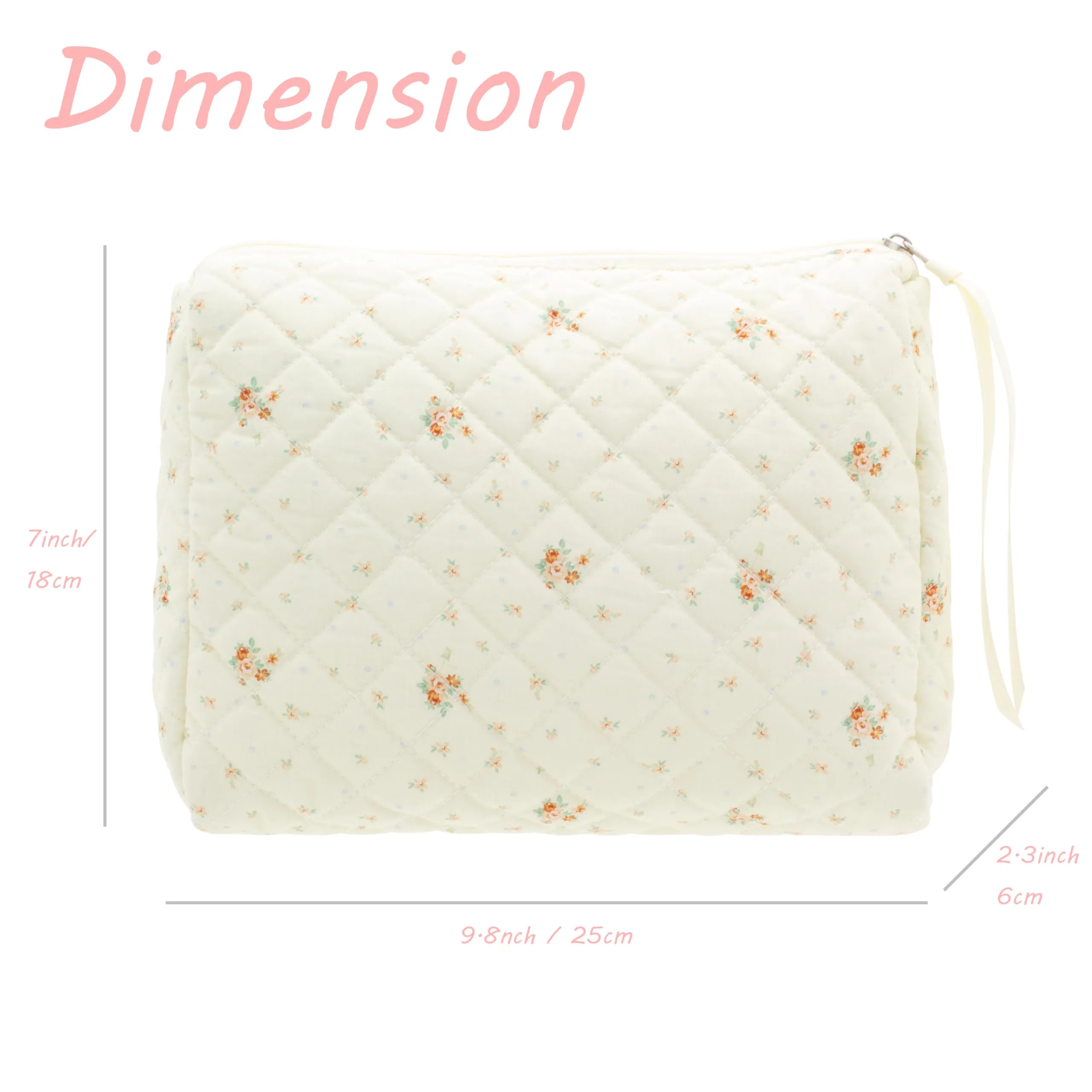 PAZIMIIK Cotton Makeup Bag for Women Large Quilted Travel Cosmetic Pouch Girls' Make Up Organizer,Floral White