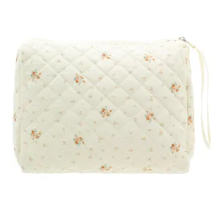 PAZIMIIK Cotton Makeup Bag for Women Large Quilted Travel Cosmetic Pouch Girls' Make Up Organizer,Floral White