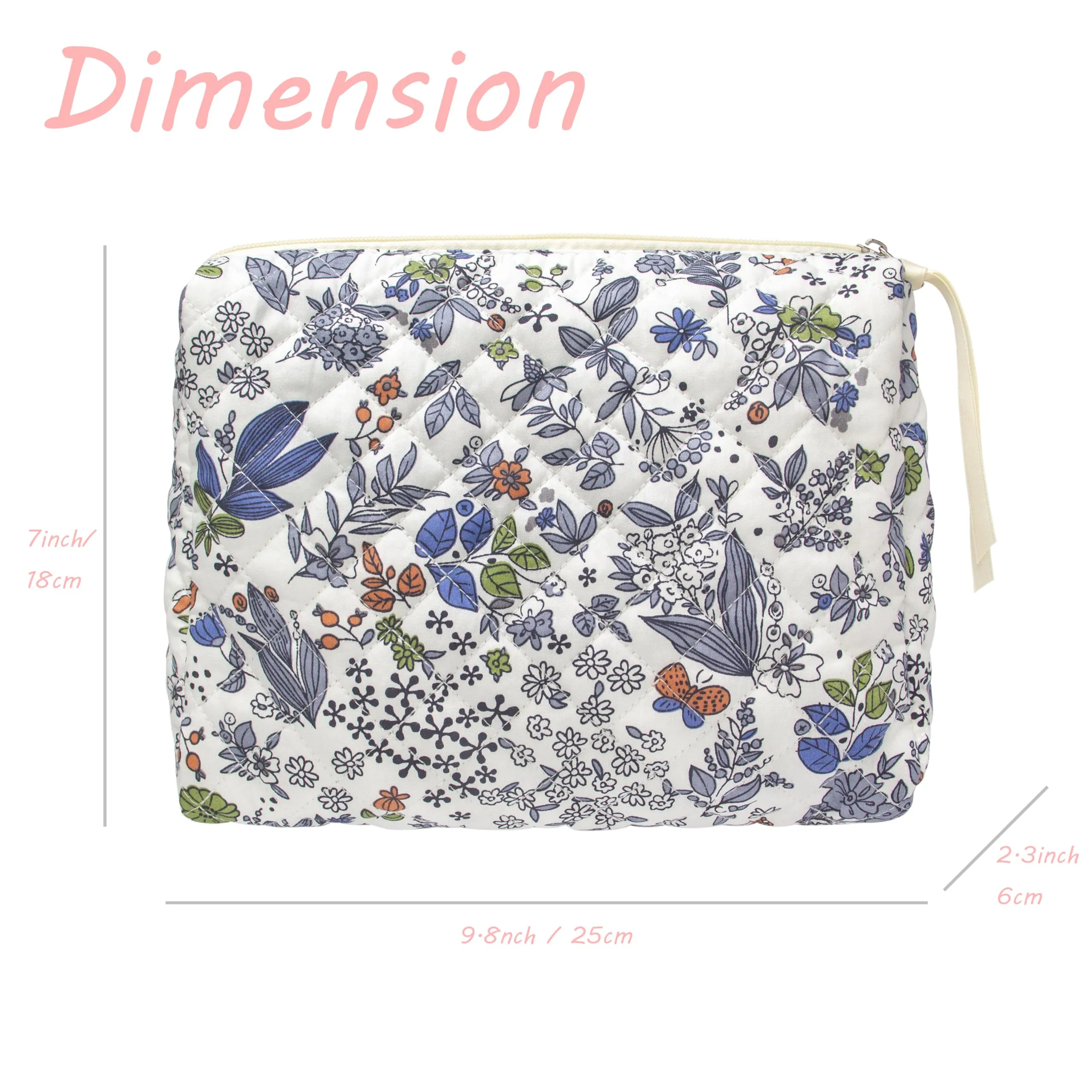 PAZIMIIK Cotton Makeup Bag for Women Large Quilted Travel Cosmetic Pouch Girls' Make Up Organizer,Leaf White