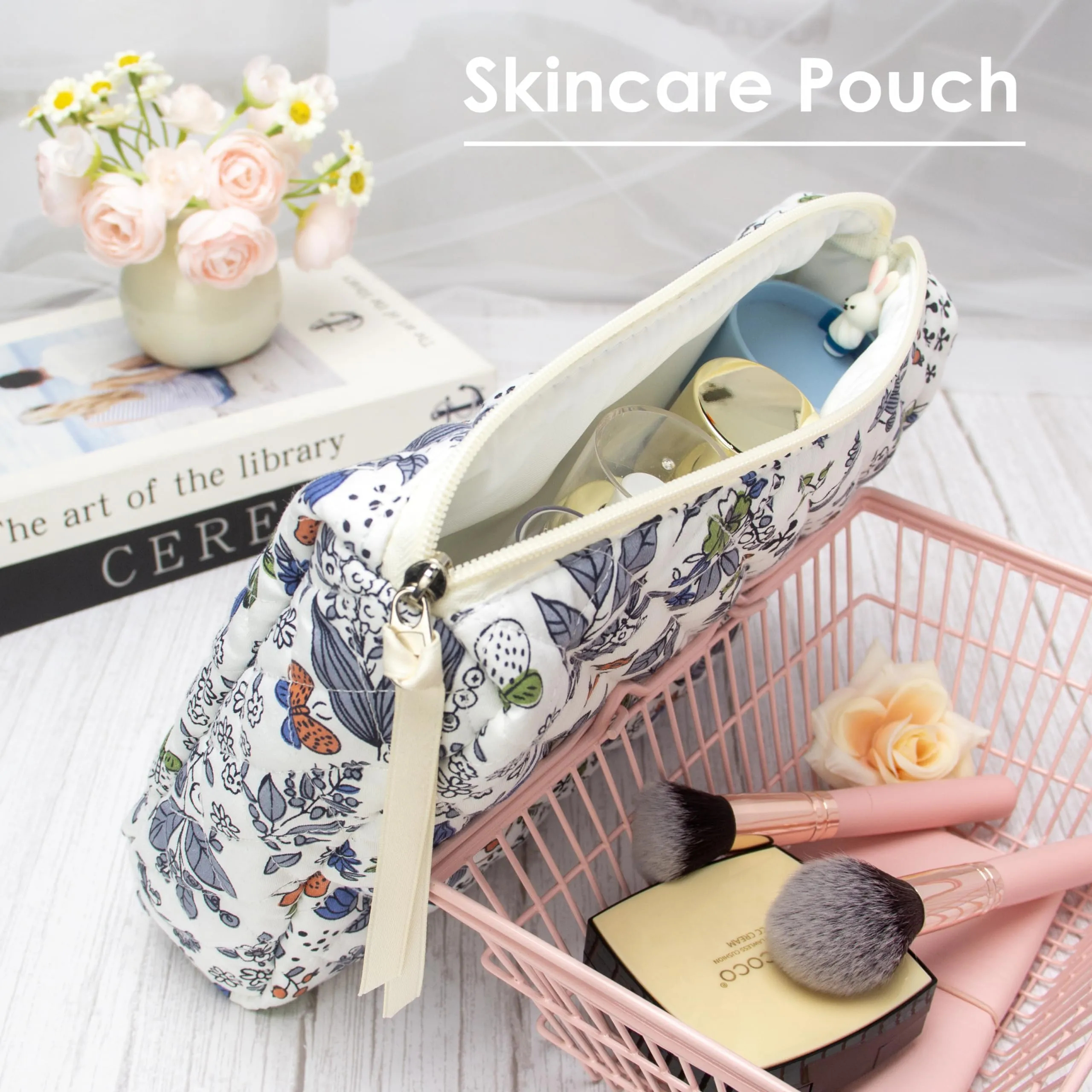 PAZIMIIK Cotton Makeup Bag for Women Large Quilted Travel Cosmetic Pouch Girls' Make Up Organizer,Leaf White