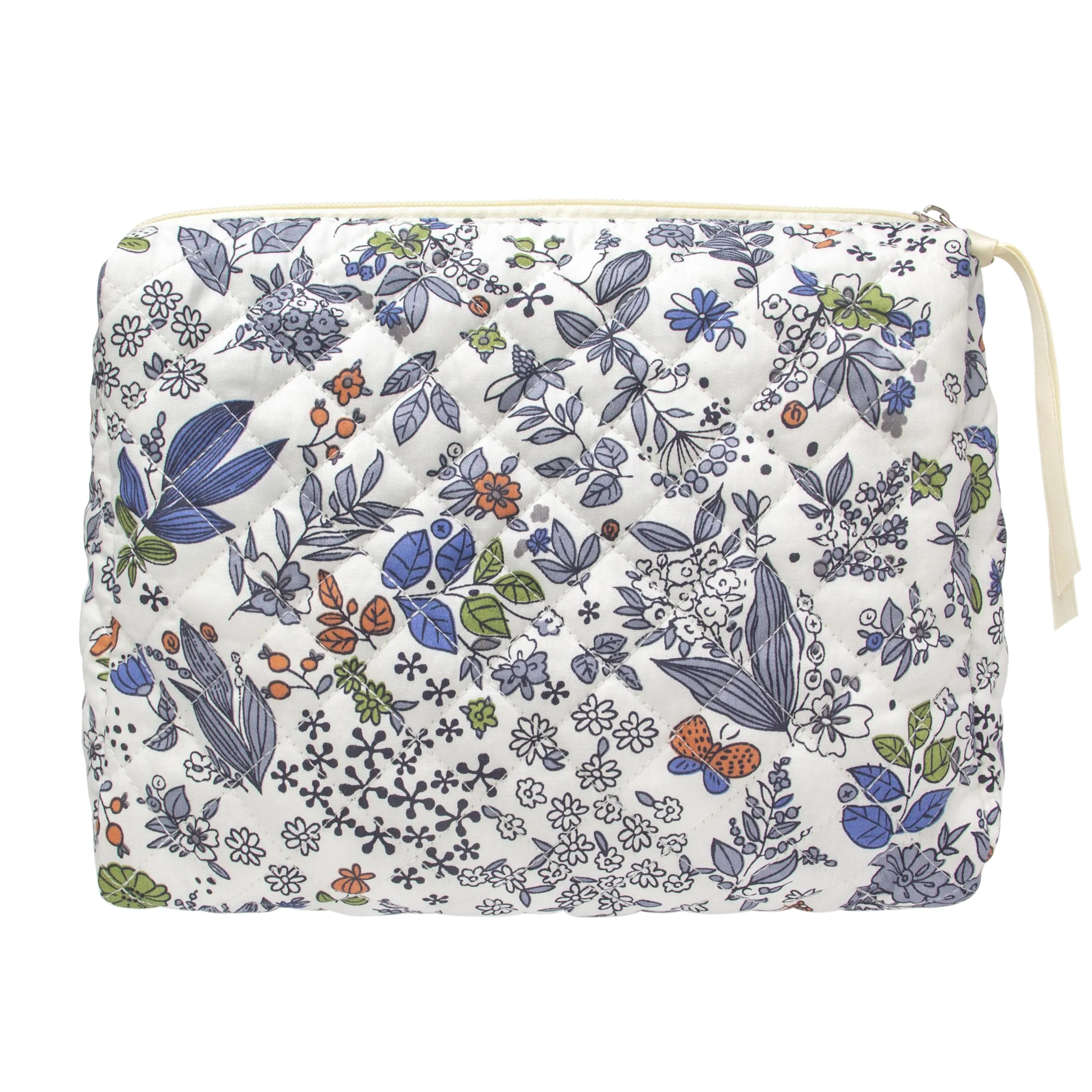 PAZIMIIK Cotton Makeup Bag for Women Large Quilted Travel Cosmetic Pouch Girls' Make Up Organizer,Leaf White
