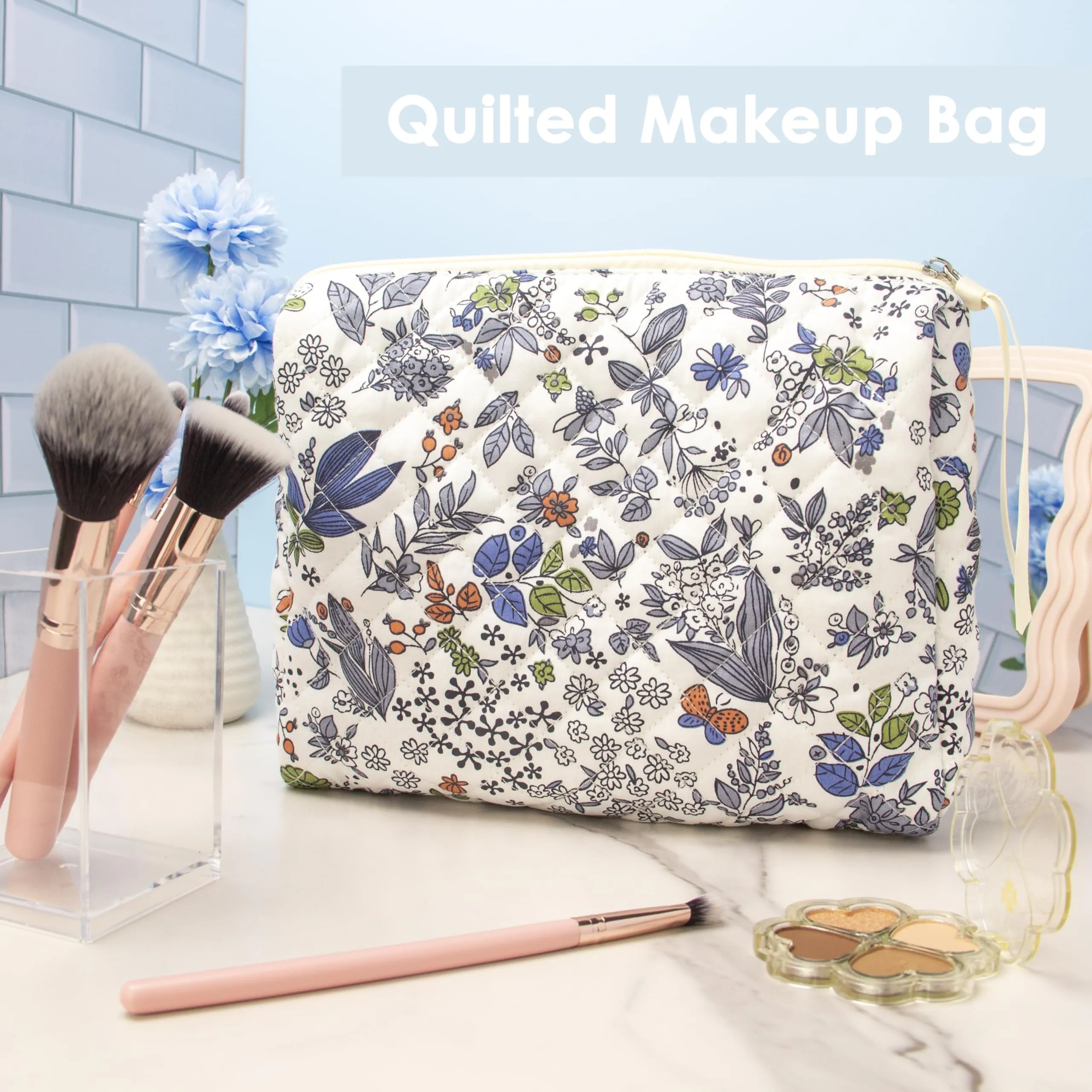PAZIMIIK Cotton Makeup Bag for Women Large Quilted Travel Cosmetic Pouch Girls' Make Up Organizer,Leaf White