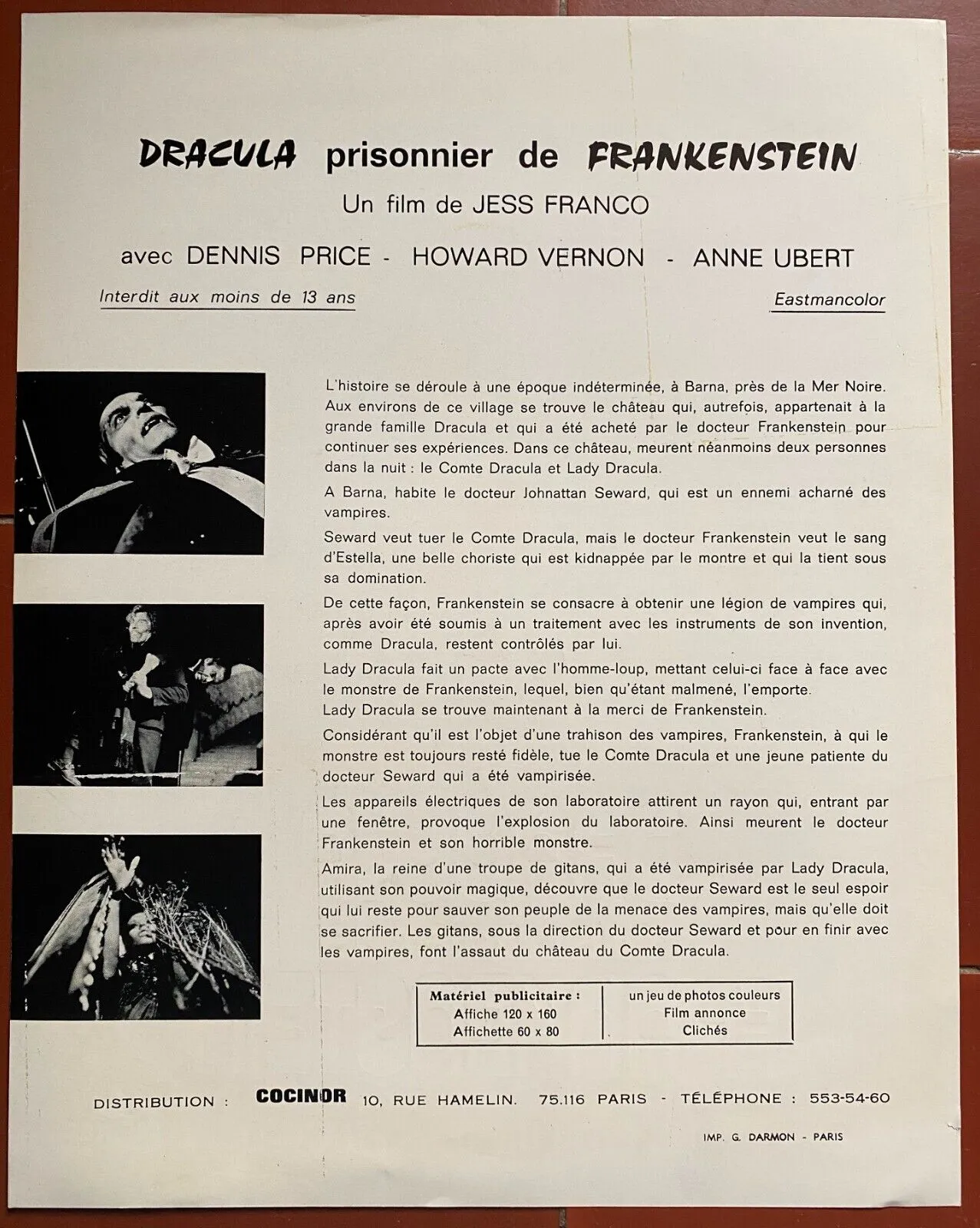 Plaquette DRACULA PRISONNIER DE FRANKENSTEIN Jess Franco DENNIS PRICE
