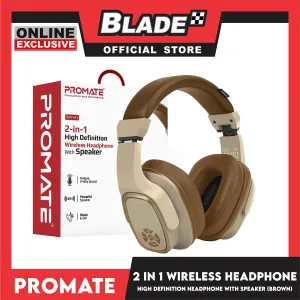 Promate Wireless Headphone with Speaker 2-in-1 High Definition Corvin Bluetooth v5.0 Headphone Brown