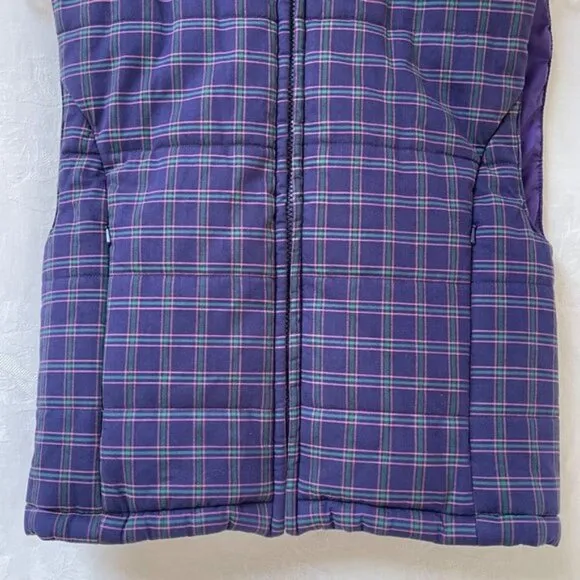 Ralph Lauren Plaid Puffer Vest Womens Medium Blue Green Full Zip Foldable Hood