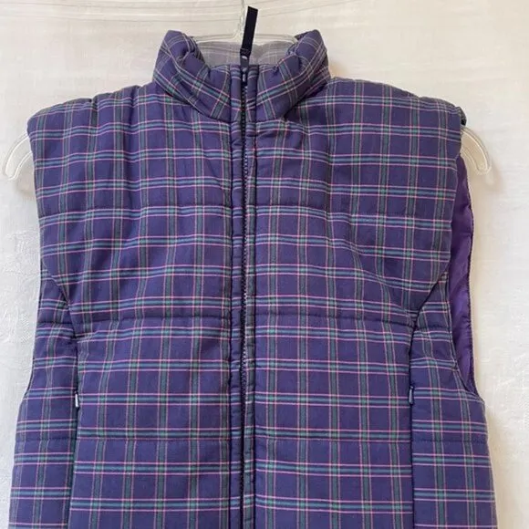 Ralph Lauren Plaid Puffer Vest Womens Medium Blue Green Full Zip Foldable Hood