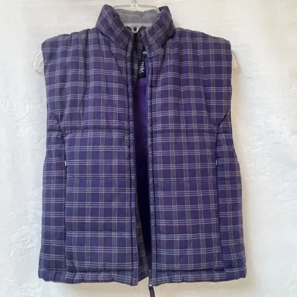 Ralph Lauren Plaid Puffer Vest Womens Medium Blue Green Full Zip Foldable Hood