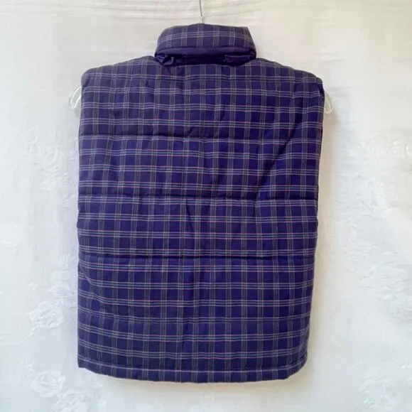 Ralph Lauren Plaid Puffer Vest Womens Medium Blue Green Full Zip Foldable Hood