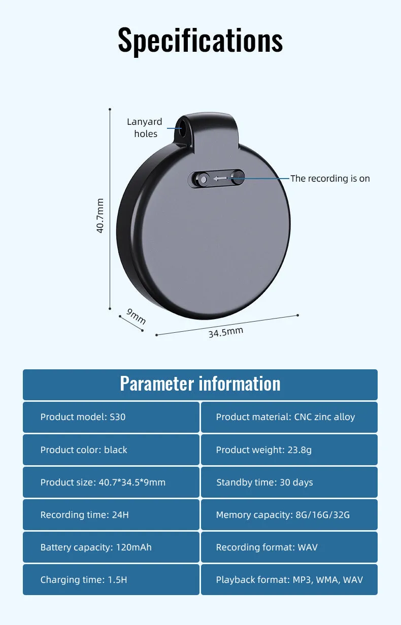 S30 32GB Mini Key Chain Voice Recorder Sound Activated Round Pendant 1536Kbps PCM 25 Hour Battery