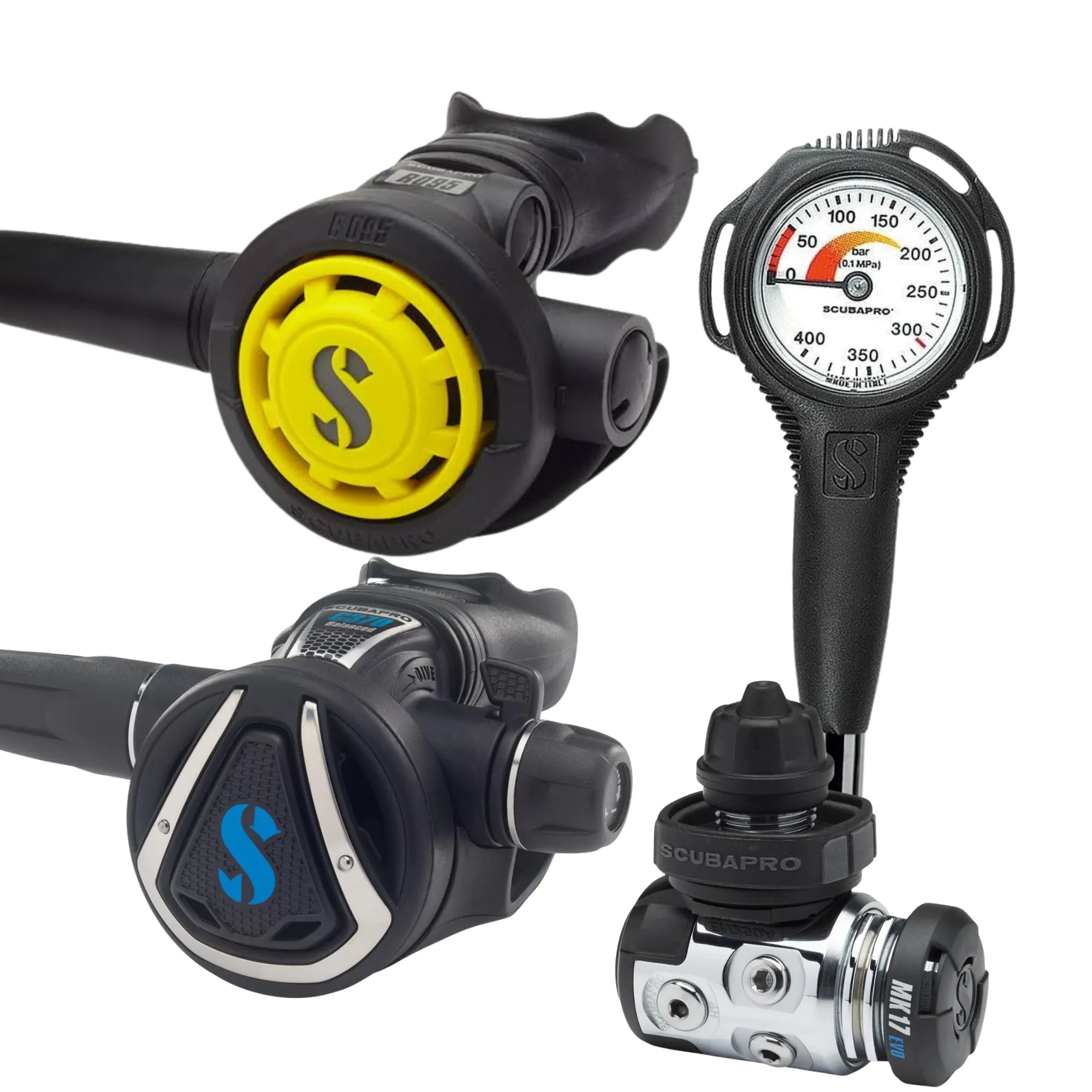 Scubapro MK17 EVO DIN/Compact SPG Stage 4 Regulator Set and Scubapro Level BCD Dive Package