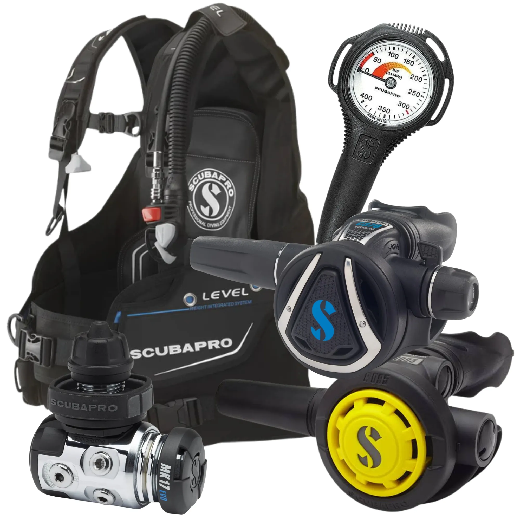 Scubapro MK17 EVO DIN/Compact SPG Stage 4 Regulator Set and Scubapro Level BCD Dive Package