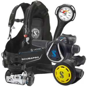 Scubapro MK17 EVO DIN/Compact SPG Stage 4 Regulator Set and Scubapro Level BCD Dive Package
