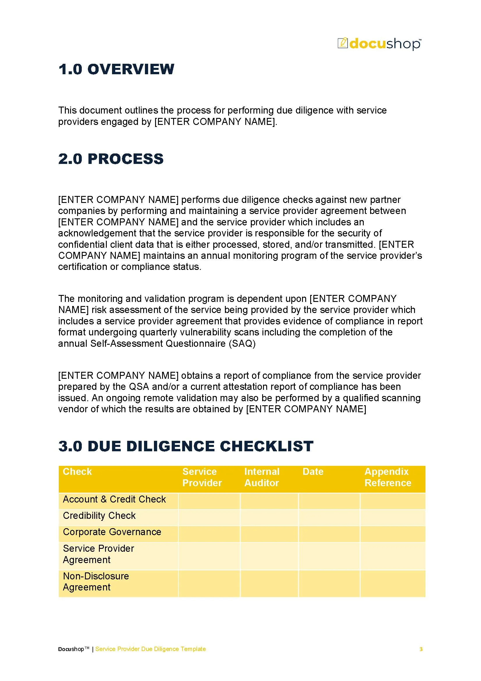 Service Provider Due Diligence Template