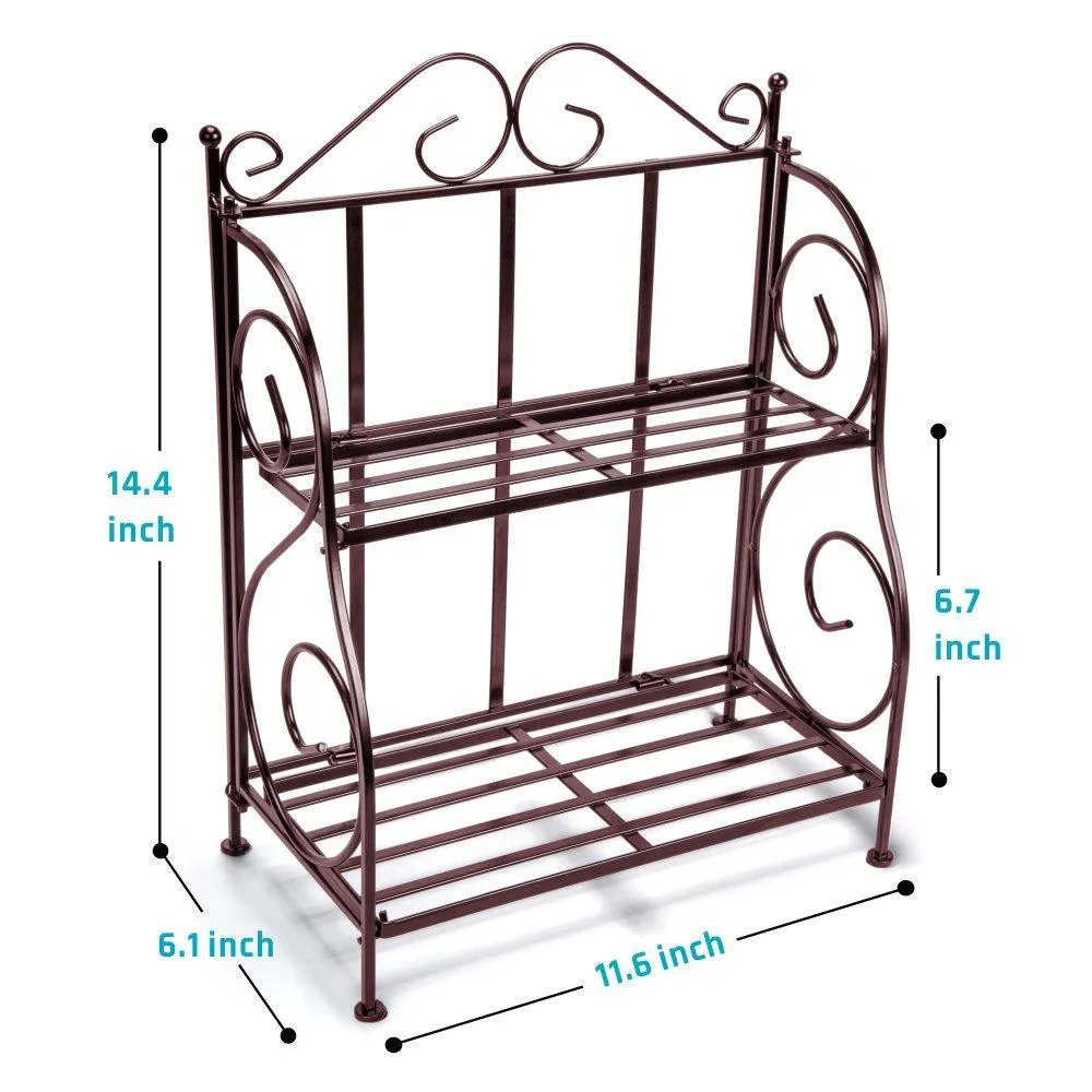 Spice Rack, iSPECLE 2-Tier Foldable Shelf Rack Kitchen Bathroom Countertop, 2-Tier Standing Storage Organizer Spice Jars Bottle Shelf Holder Rack -Classic Bronze Coating