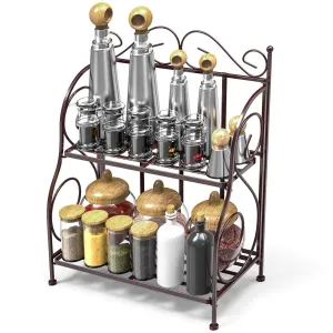 Spice Rack, iSPECLE 2-Tier Foldable Shelf Rack Kitchen Bathroom Countertop, 2-Tier Standing Storage Organizer Spice Jars Bottle Shelf Holder Rack -Classic Bronze Coating