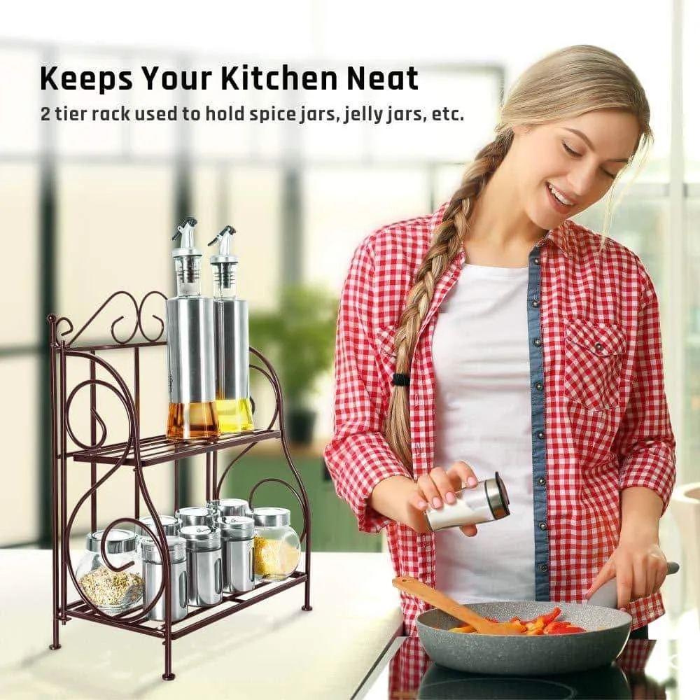 Spice Rack, iSPECLE 2-Tier Foldable Shelf Rack Kitchen Bathroom Countertop, 2-Tier Standing Storage Organizer Spice Jars Bottle Shelf Holder Rack -Classic Bronze Coating