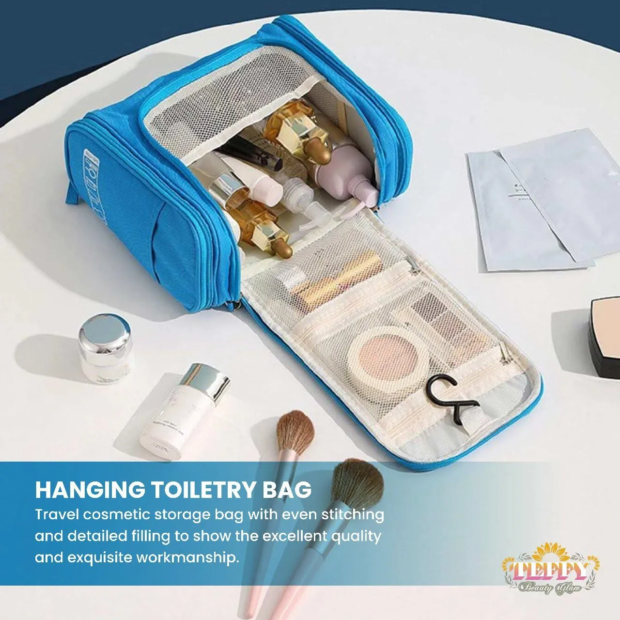 Teffy Beauty Glam - Glam Cosmetic Bag - Makeup & Toiletry Essentials for Women & Men - Blue