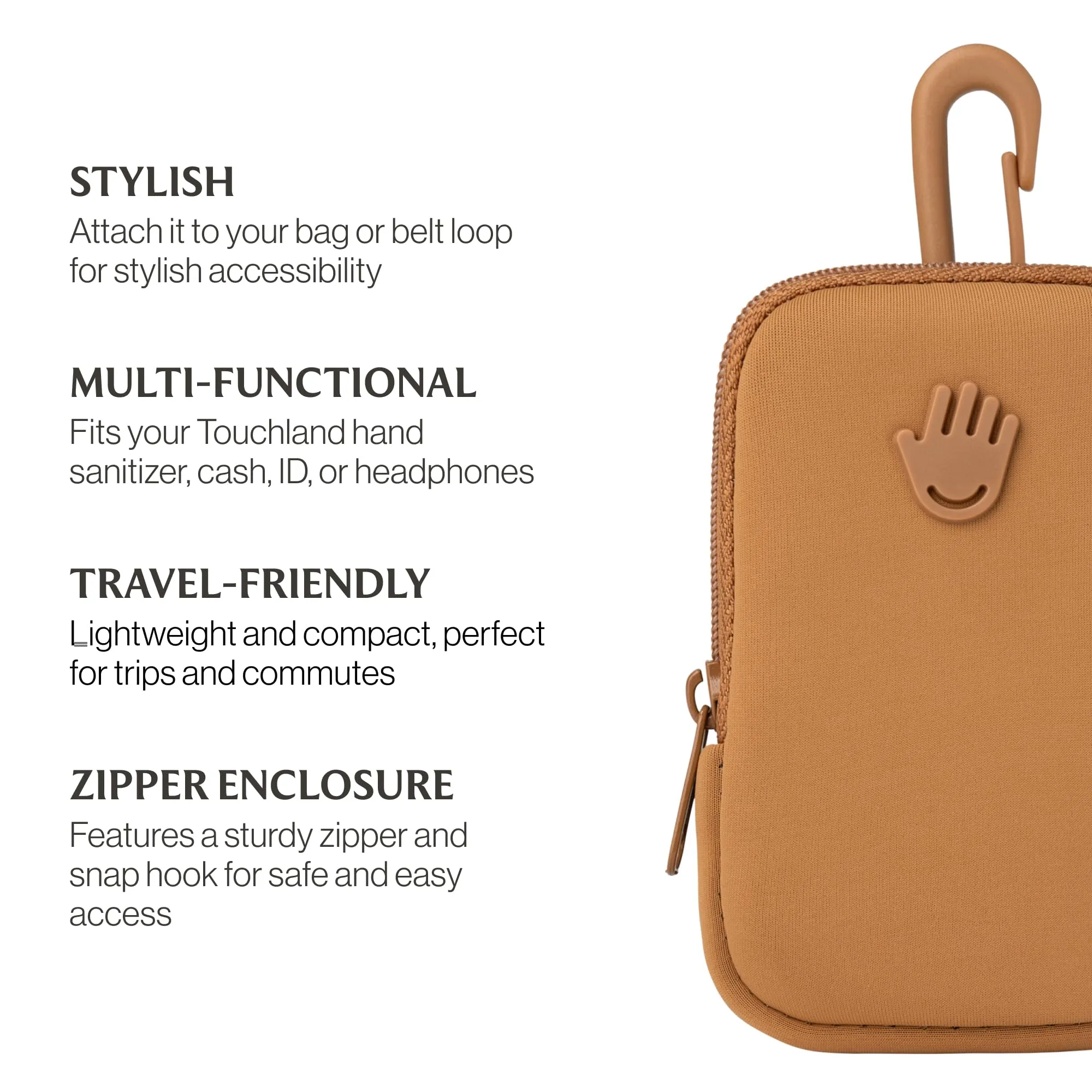 Touchland Touchette Zippered Pouch, Attachable Fashion Accessory with Snap Hook Hand Sanitizer 1FL OZ., Caramel