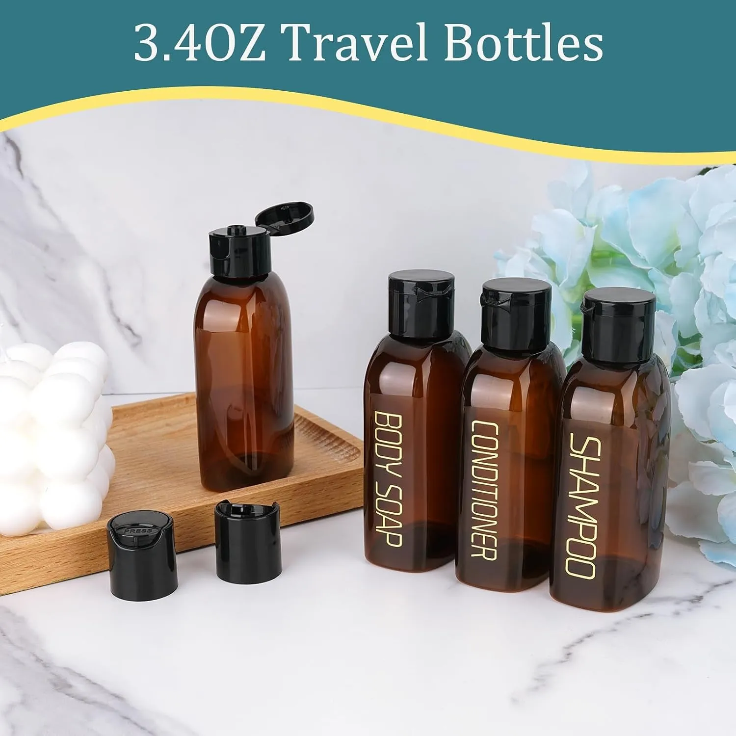 Travel Bottles for Toiletries 4Pcs 3.4Oz Travel Shampoo and Conditioner Bottles TSA Approved Travel Size Containers Leak Proof Small Plastic Squeeze Bottles with Flip Cap