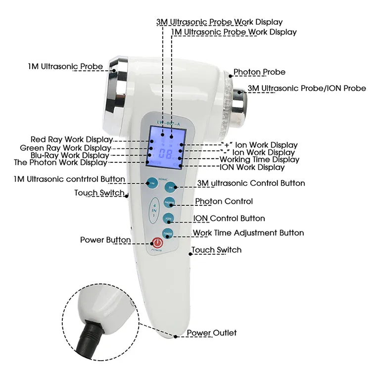Ultrasonic Face Massager LED Light Facial Skin Care Tools