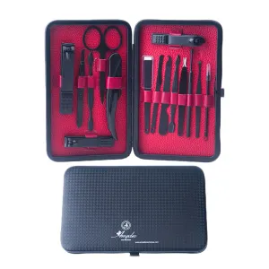 Unisex Stainless Steel 15 Piece Black Chrome & Red Leather Manicure & Pedicure Set