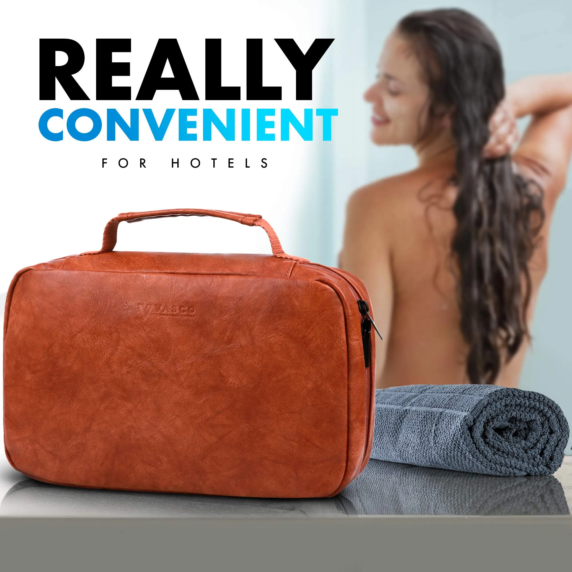 VASCO Hanging Toiletry Bag for Women & Men – Toiletry Kit, Water-Resistant Travel Organizer Brown (Eco Leather)