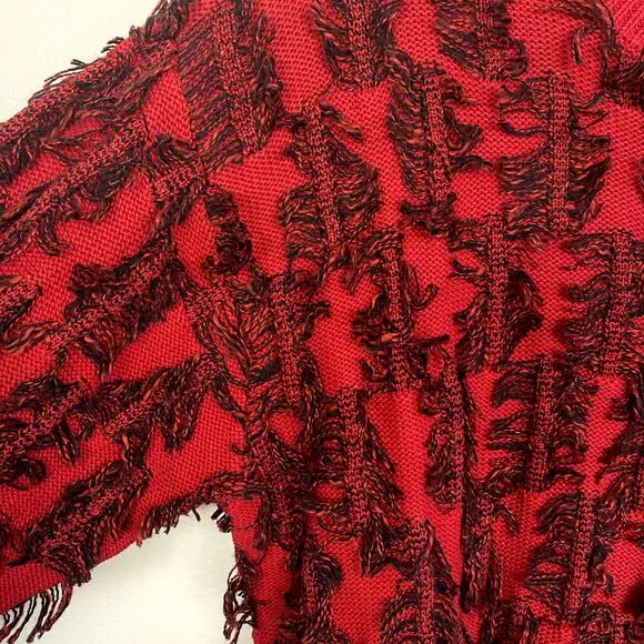 Vince Camuto Chunky Soft Red Black Frayed Grandma Preppy Cotton Eyelash Sweater