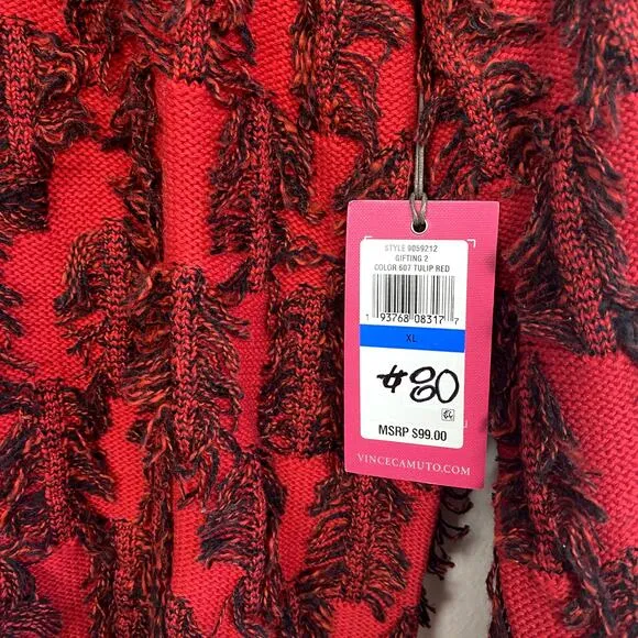 Vince Camuto Chunky Soft Red Black Frayed Grandma Preppy Cotton Eyelash Sweater