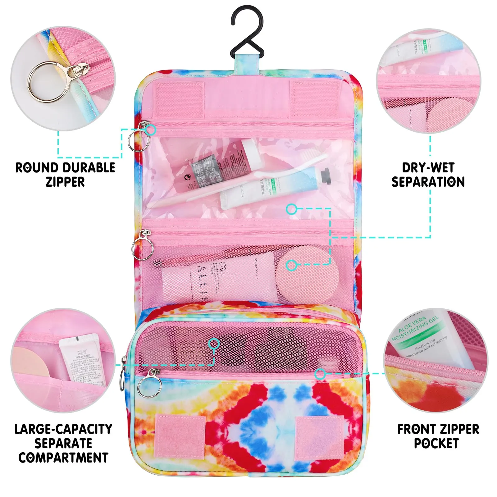 Vipdeal Kids Hanging Toiletry Bag for Girls, Travel Toiletry Bag for Little Young Girls Cosmetic Makeup Waterproof Wash Bag Toddler Traveling Toiletries, Tie Dye Pink
