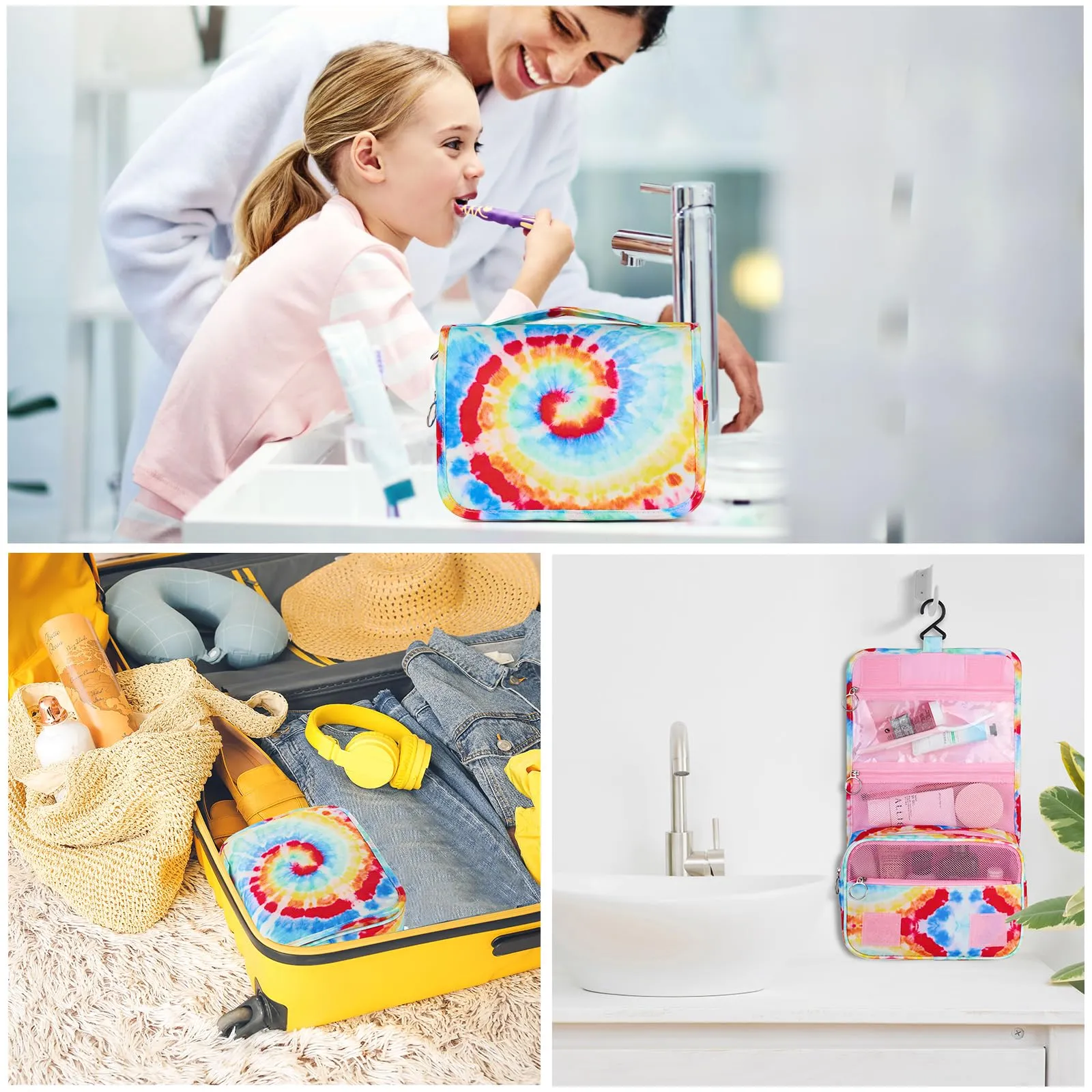 Vipdeal Kids Hanging Toiletry Bag for Girls, Travel Toiletry Bag for Little Young Girls Cosmetic Makeup Waterproof Wash Bag Toddler Traveling Toiletries, Tie Dye Pink