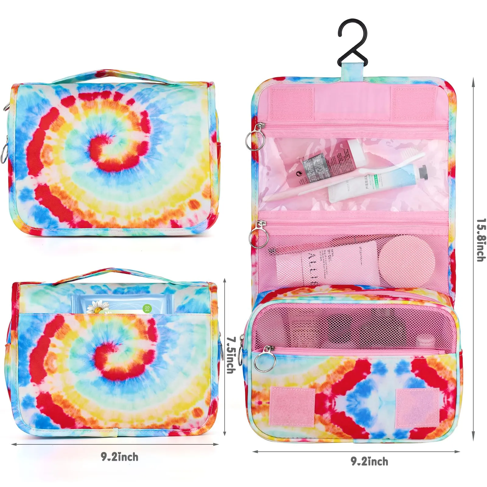 Vipdeal Kids Hanging Toiletry Bag for Girls, Travel Toiletry Bag for Little Young Girls Cosmetic Makeup Waterproof Wash Bag Toddler Traveling Toiletries, Tie Dye Pink