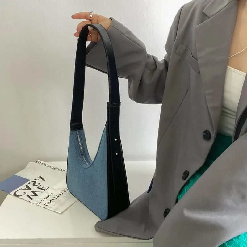 Wanda Asymmetrical Faux Leather Denim Handbag