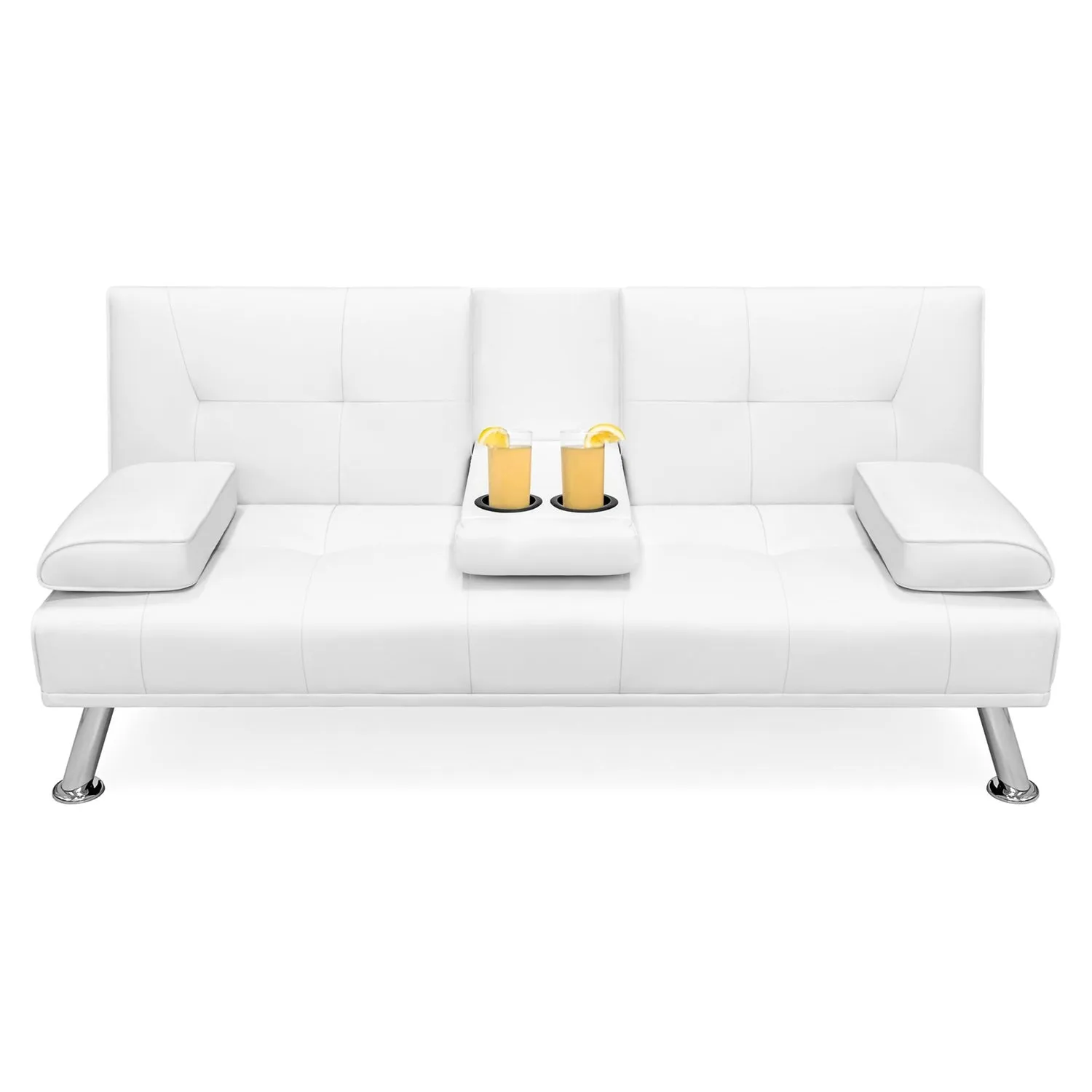 White Faux Leather Convertible Sofa Futon with 2 Cup Holders