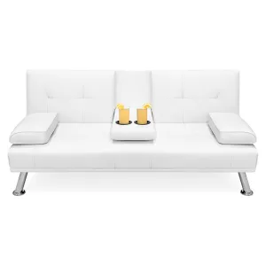 White Faux Leather Convertible Sofa Futon with 2 Cup Holders