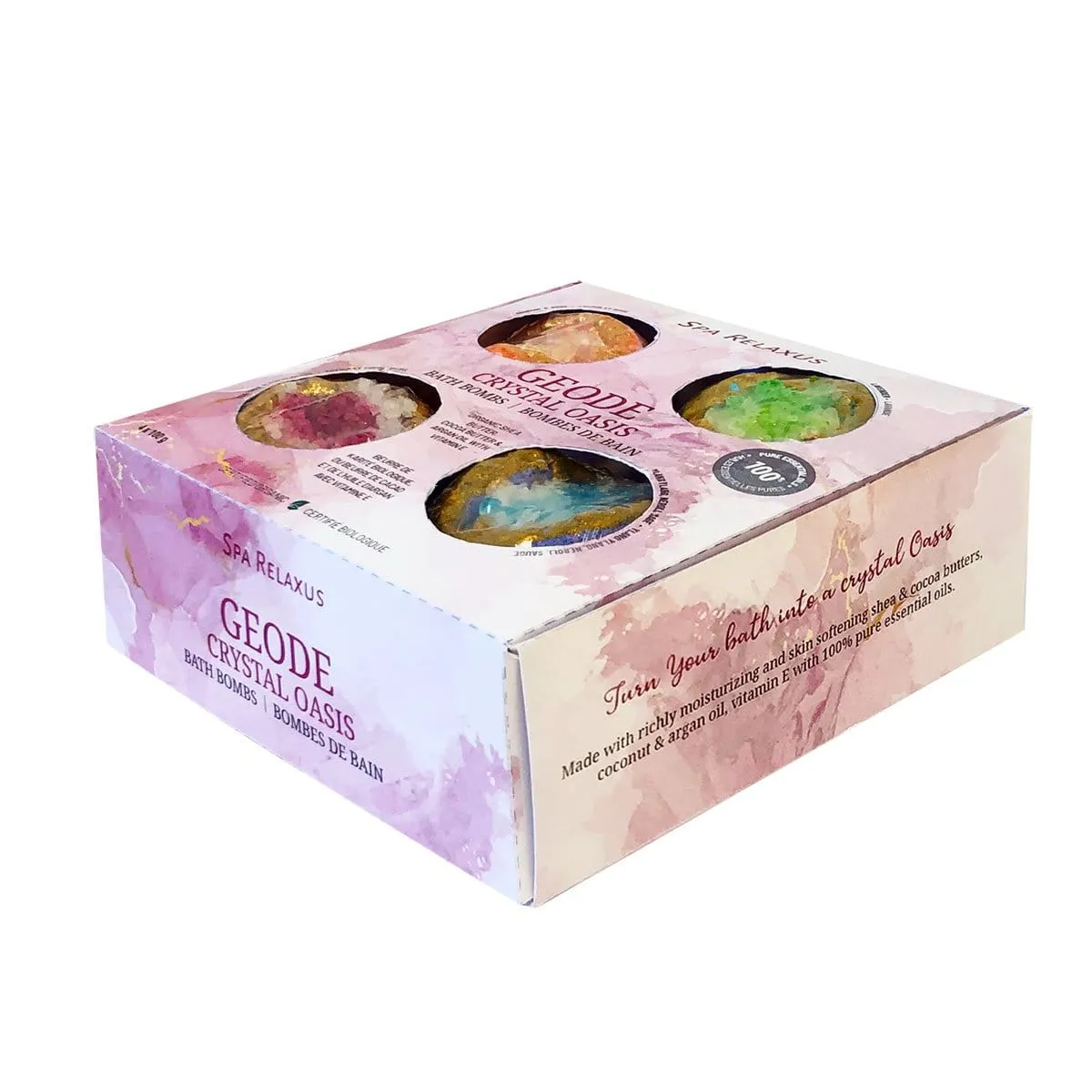 Wholesale Geode Crystal Oasis Organic Bath Bombs 4-Piece Gift Set