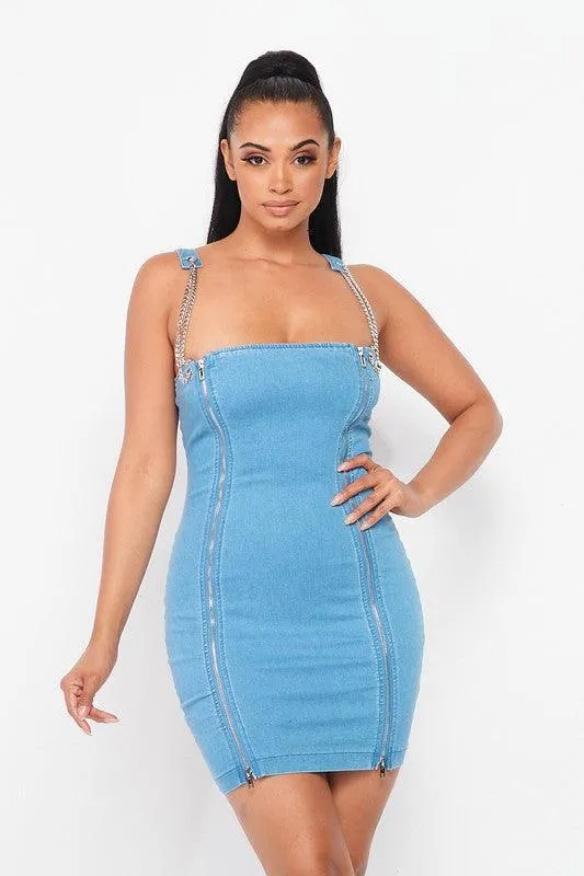 ZIPPER RONT AND CHAIN STRAP DENIM MINI DRESS