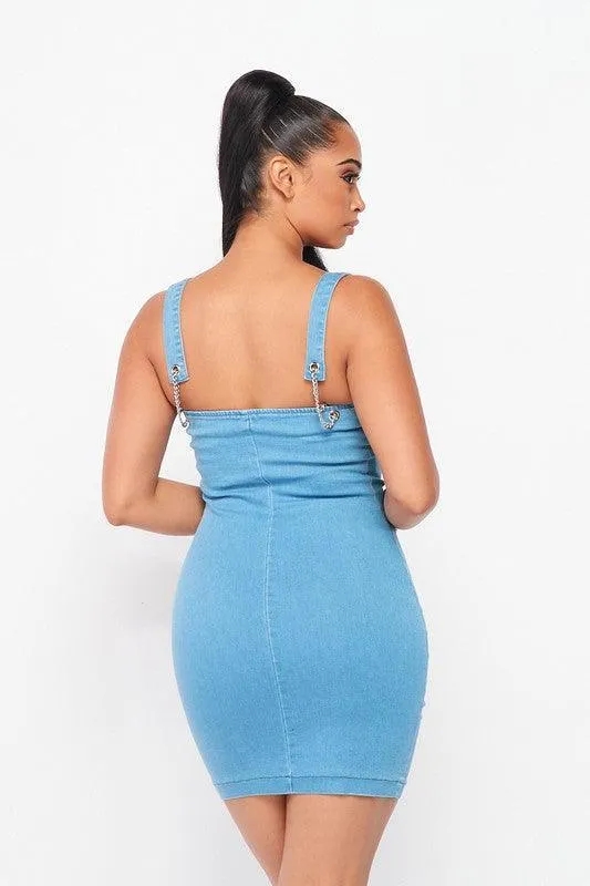 ZIPPER RONT AND CHAIN STRAP DENIM MINI DRESS